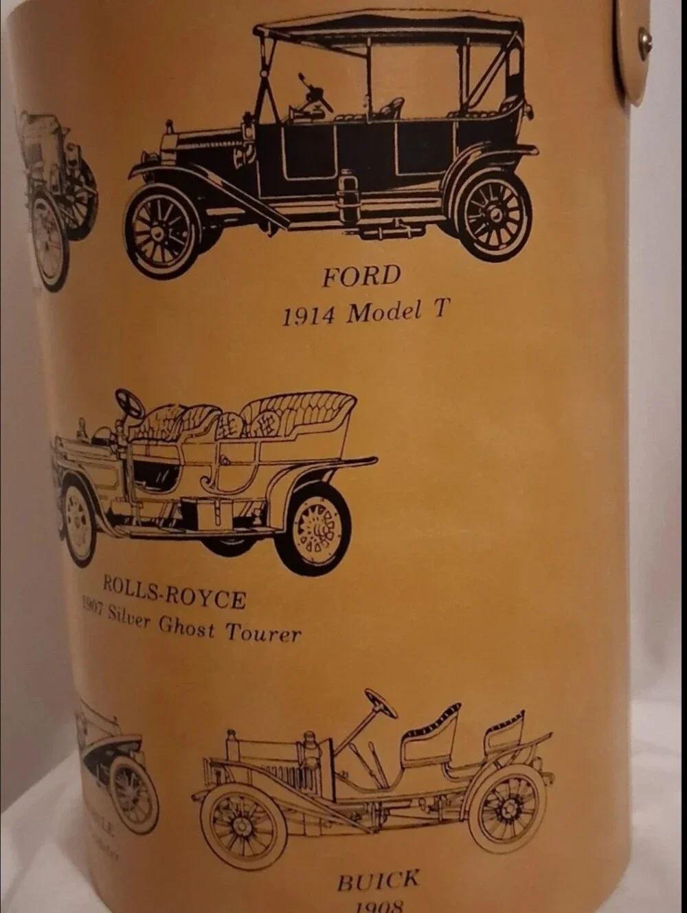 Vintage Automobile-Illustrated Ice Bucket MCM Classic Car Faux Leather Bar Caddy